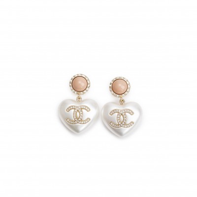 CHANEL GOLD PLATED FAUX PEARL STRASS CC HEART DROP EARRINGS 